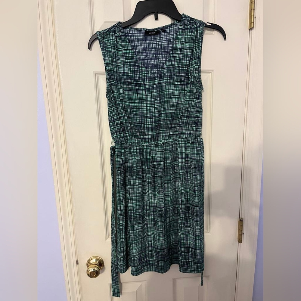 Apt 9 Petite XS dress tie waist navy blue and green croshatch sleeveless